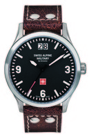 SWISS ALPINE MILITARY big date Ref. 1744.1537SAM 2-window date display RHD 7003.B quartz steel vintage leather