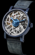 SCHAUMBURG WATCH Unikatorium hand made CraftsMan IP Deep Blue Steel Skeleton Unique Patinated